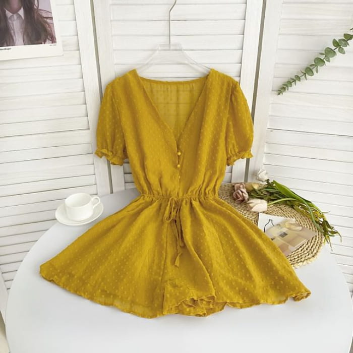 Short-Sleeve V-Neck Dotted Drawstring Waist Romper - Yellow