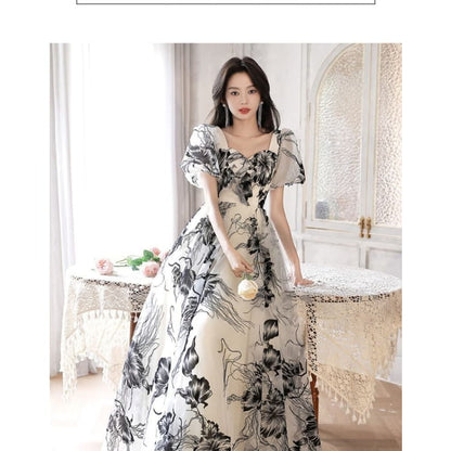 Short-Sleeve V-Neck Floral A-Line Evening Gown