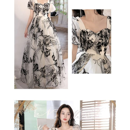 Short-Sleeve V-Neck Floral A-Line Evening Gown