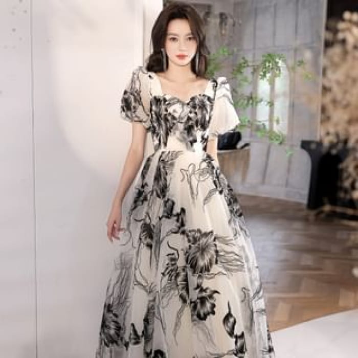 Short-Sleeve V-Neck Floral A-Line Evening Gown