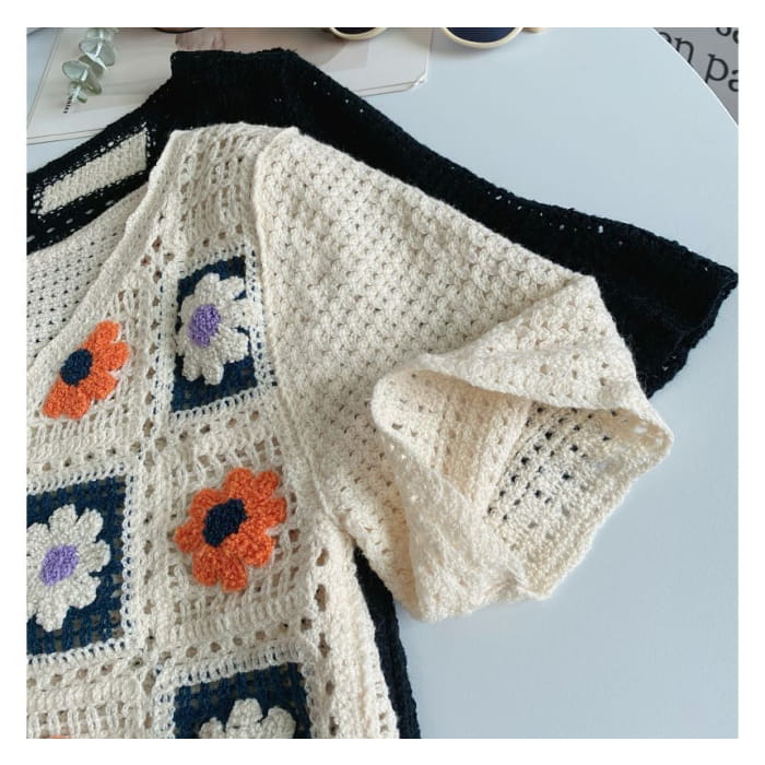 Short-Sleeve V-Neck Floral Crochet Knit Crop Cardigan