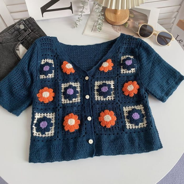 Short-Sleeve V-Neck Floral Crochet Knit Crop Cardigan