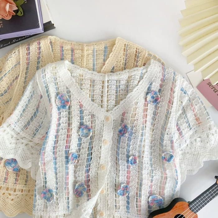 Short-Sleeve V-Neck Flower Detail Crochet Cardigan