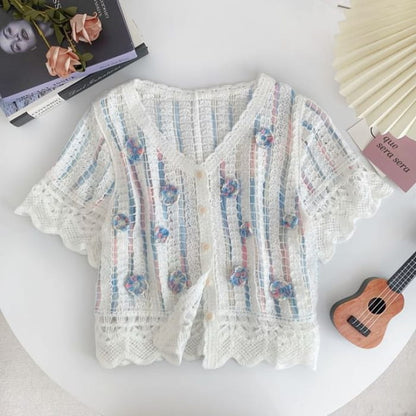 Short-Sleeve V-Neck Flower Detail Crochet Cardigan