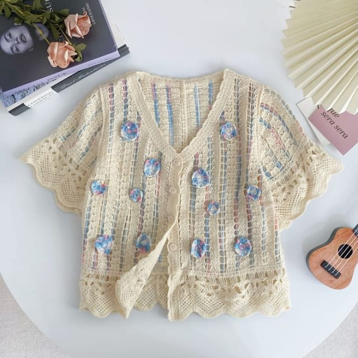 Short-Sleeve V-Neck Flower Detail Crochet Cardigan - Almond