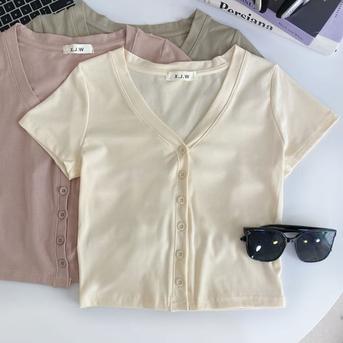 Short-Sleeve V-Neck Plain Button Crop T-Shirt