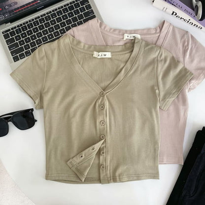 Short-Sleeve V-Neck Plain Button Crop T-Shirt