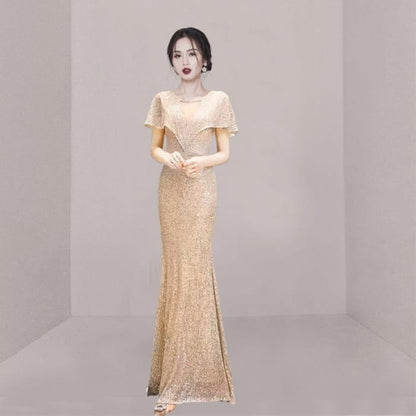 Short-Sleeve V-Neck Plain Mermaid Evening Gown