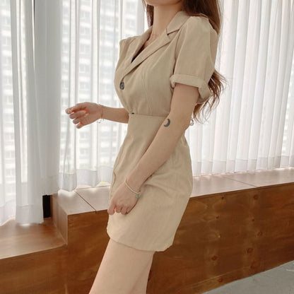 Short-Sleeve V-Neck Plain Mini Sheath Blazer Dress