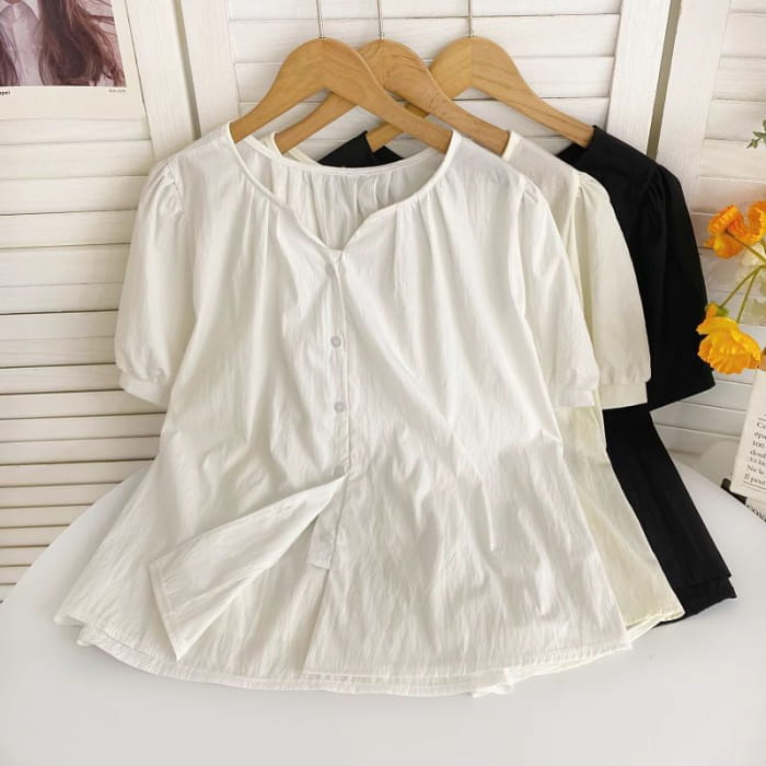 Short-Sleeve V-Neck Ruched Blouse