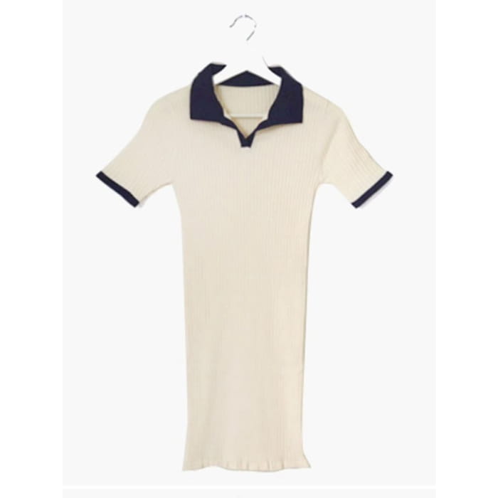 Short-Sleeve V-Neck Two Tone Ribbed Knit Mini Sheath Polo