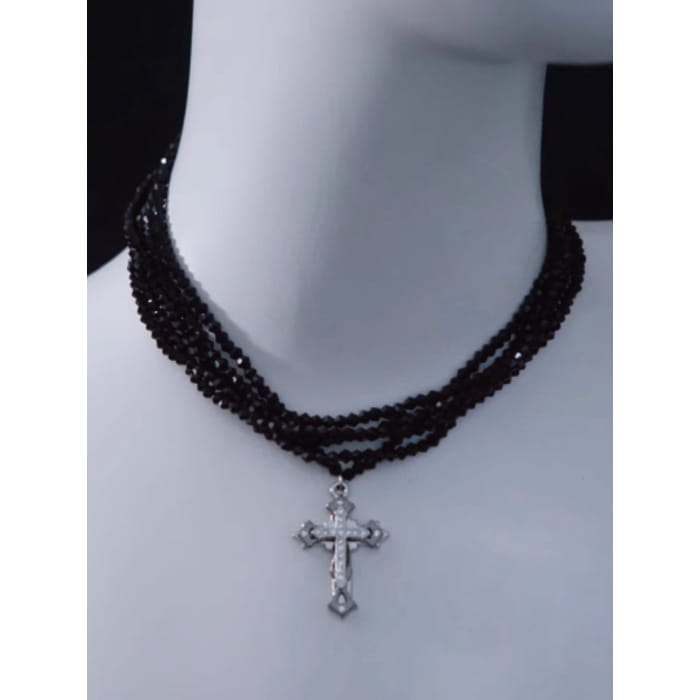 Silver Cross Pendant Black Multi Layers Necklace - Free Size