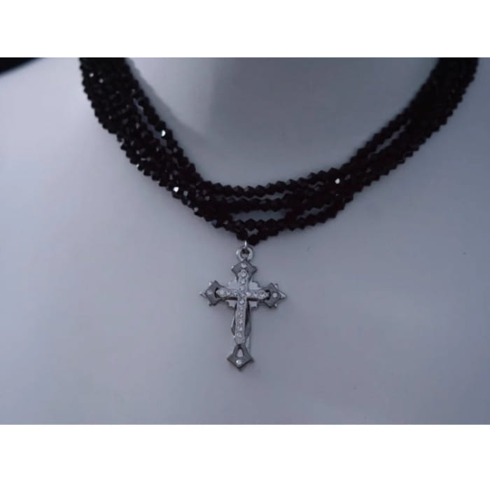 Silver Cross Pendant Black Multi Layers Necklace - Free Size