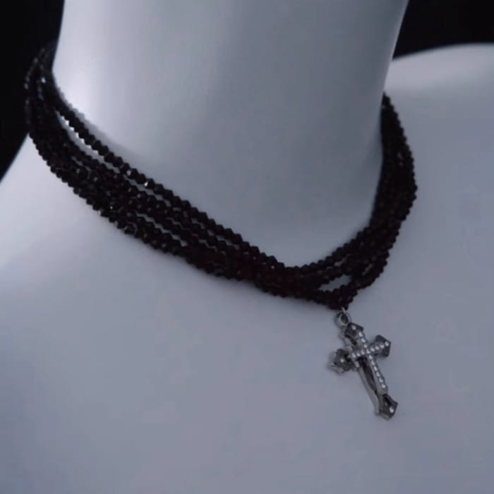 Silver Cross Pendant Black Multi Layers Necklace - Free Size