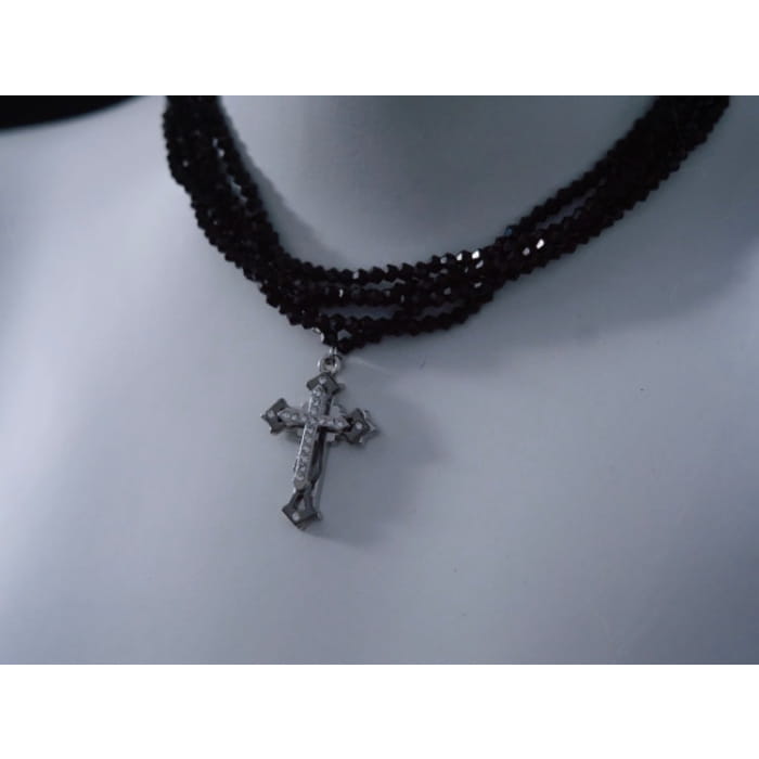 Silver Cross Pendant Black Multi Layers Necklace - Free Size