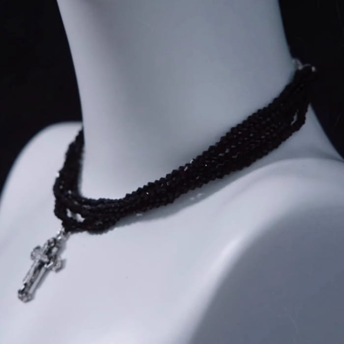 Silver Cross Pendant Black Multi Layers Necklace - Free Size