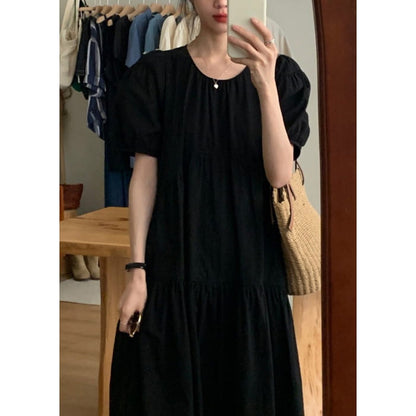 Simple Black Patchwork Wrinkled Maxi Dresses Short Sleeve