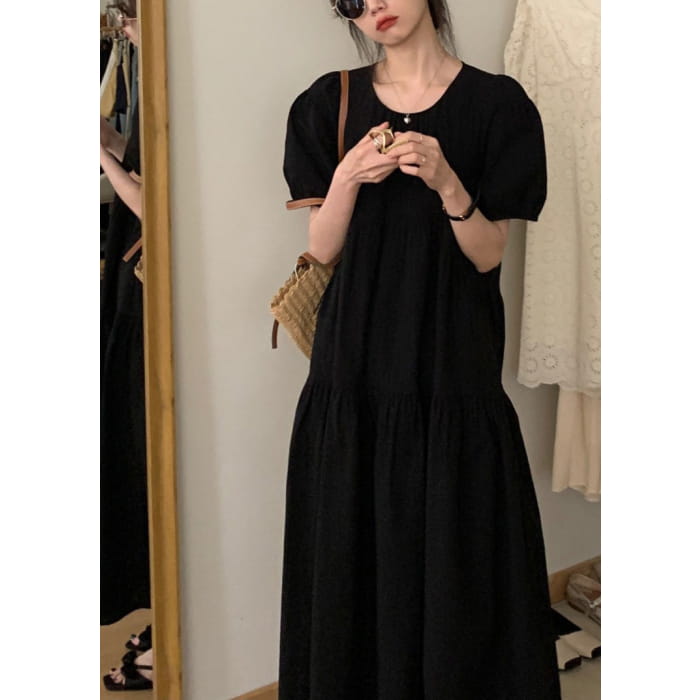 Simple Black Patchwork Wrinkled Maxi Dresses Short Sleeve