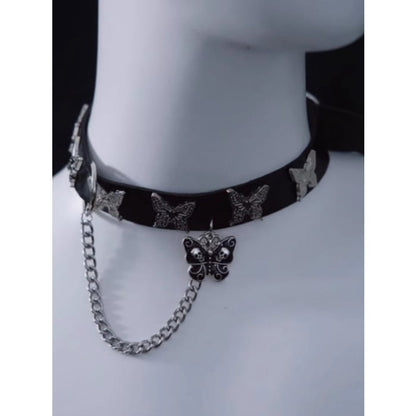 Skull Butterfly Pendant Black Choker with Chain - Free Size