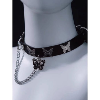 Skull Butterfly Pendant Black Choker with Chain - Free Size