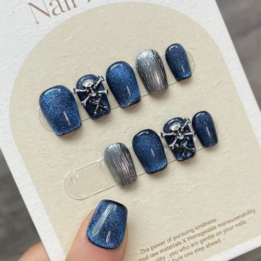 Skull Cat Eye Press On Nail - 878 - Blue / XS