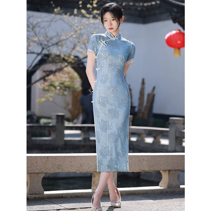 Sky Blue Cheongsam Dress - S - Female Hanfu