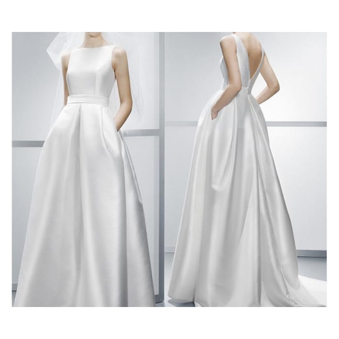 Sleeveless Boat Neck Plain Satin A-Line Wedding Gown