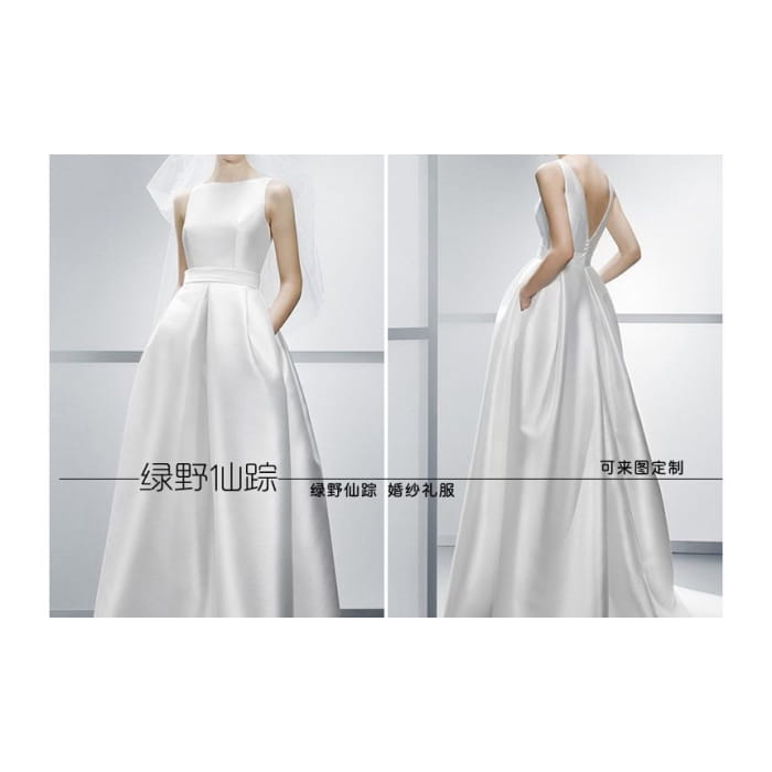 Sleeveless Boat Neck Plain Satin A-Line Wedding Gown