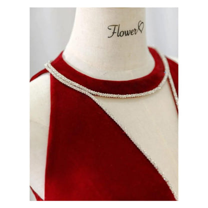 Sleeveless Crew Neck Plain Cutout Rhinestone Velvet A-Line