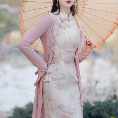 Sleeveless Floral Midi Qipao / Long Cardigan / Set - Pink