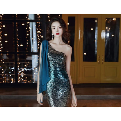 Sleeveless One Shoulder Sequin Gradient Mermaid Evening Gown