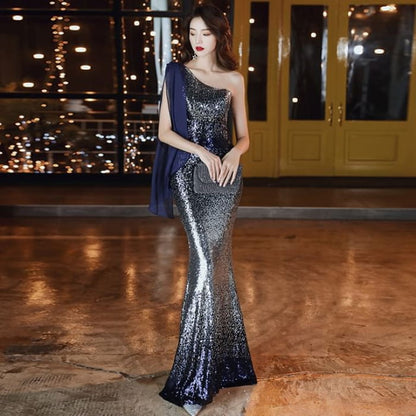 Sleeveless One Shoulder Sequin Gradient Mermaid Evening