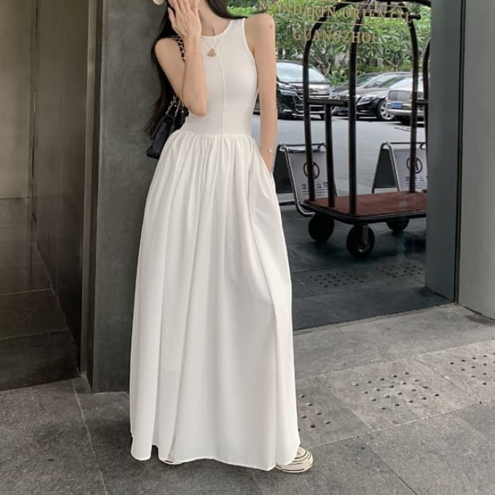 Sleeveless Plain Shirred Midi A-Line Dress - Dresses