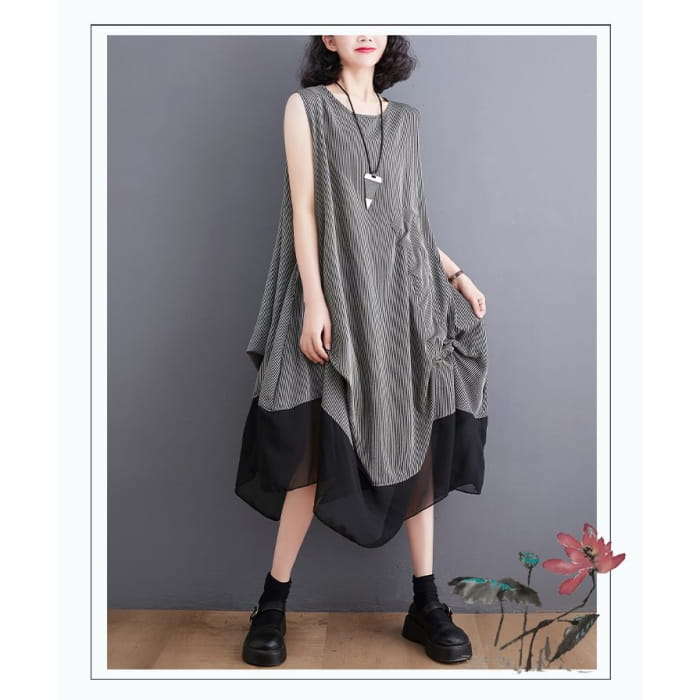 Sleeveless Round Neck Panel Drawstring Midi A-Line Dress