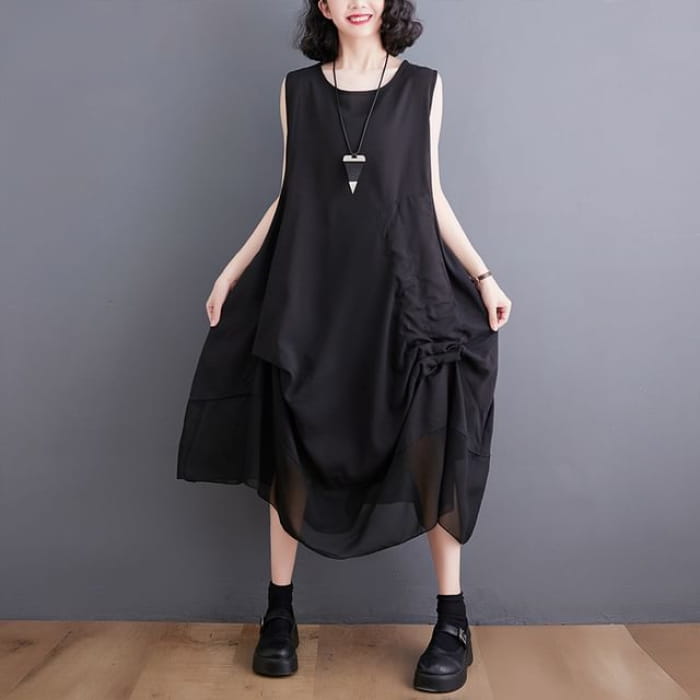 Sleeveless Round Neck Panel Drawstring Midi A-Line Dress