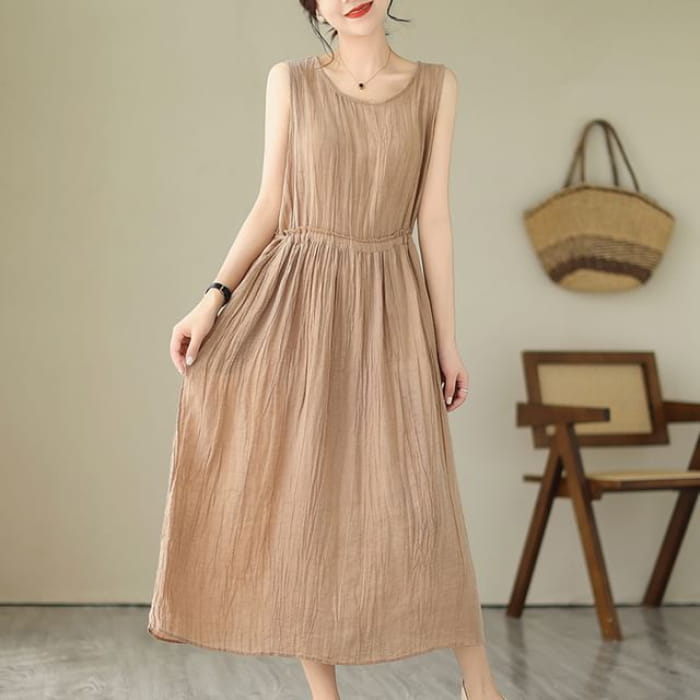 Sleeveless Round Neck Plain Drawstring Waist Maxi A-Line