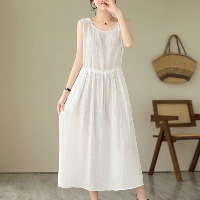 Sleeveless Round Neck Plain Drawstring Waist Maxi A-Line