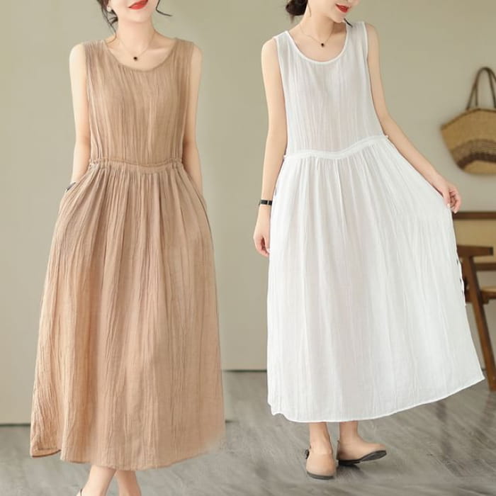 Sleeveless Round Neck Plain Drawstring Waist Maxi A-Line