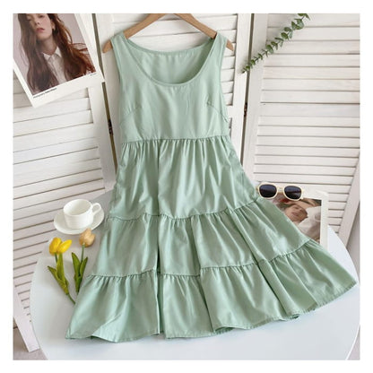 Sleeveless Scoop Neck Plain Tiered A-Line Dress