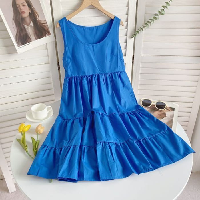 Sleeveless Scoop Neck Plain Tiered A-Line Dress - Blue