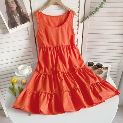 Sleeveless Scoop Neck Plain Tiered A-Line Dress - Tangerine