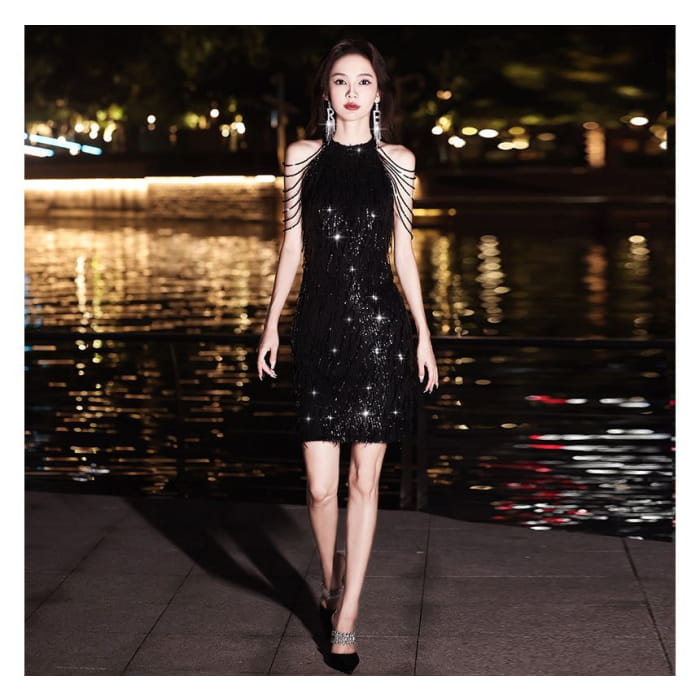 Sleeveless Sequin Mini Evening Sheath Dress