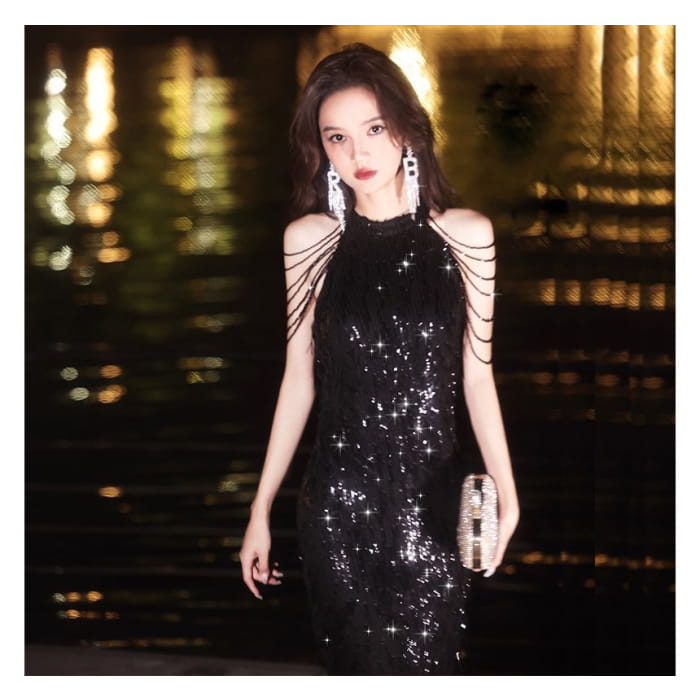 Sleeveless Sequin Mini Evening Sheath Dress