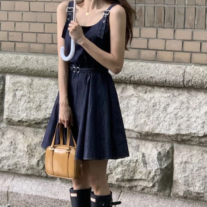 Sleeveless Square Neck Denim Mini A-Line Dress