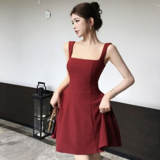 Sleeveless Square Neck Plain A-Line Mini Dress