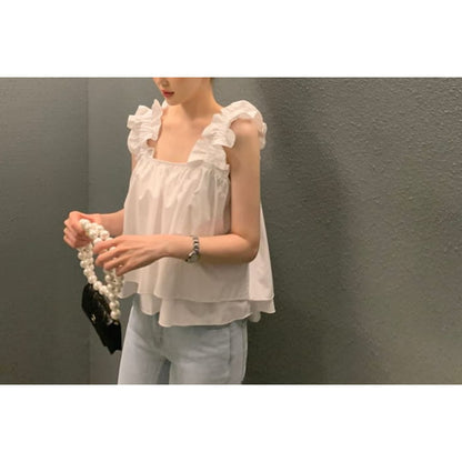 Sleeveless Square Neck Ruffle Plain Flowy Top