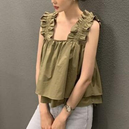 Sleeveless Square Neck Ruffle Plain Flowy Top - Khaki