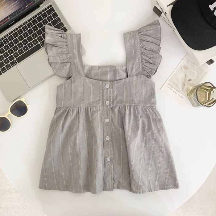 Sleeveless Square Neck Striped Ruffle Button Top