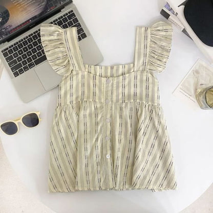 Sleeveless Square Neck Striped Ruffle Button Top - Stripes