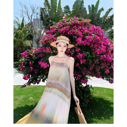 Sleeveless Tie Dye Accordion Pleated Midi